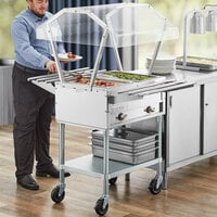 ServIt Two Pan Open Well Electric Steam Table with 2-Sided Sneeze Guard, (2) Tubular Tray Slides, and Casters - 120V, 1000W