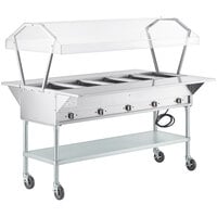 ServIt Five Pan Open Well Electric Steam Table with 2-Sided Sneeze Guard, (2) Fixed Tray Slides, and Casters - 208/240V, 3750W