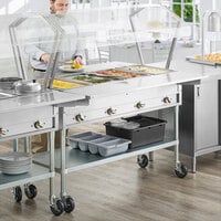 ServIt Four Pan Open Well Electric Steam Table with 2-Sided Sneeze Guard, (2) Drop Down Tray Slides, and Casters - 208/240V, 3000W