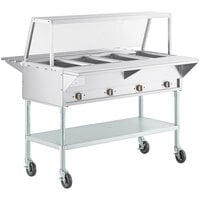 ServIt Four Pan Open Well Electric Steam Table with Angled Sneeze Guard, Tubular Tray Slide, and Casters - 120V, 2000W