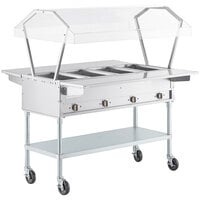 ServIt Four Pan Open Well Electric Steam Table with 2-Sided Sneeze Guard, (2) Drop Down Tray Slides, and Casters - 120V, 2000W