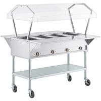 ServIt Four Pan Open Well Electric Steam Table with 2-Sided Sneeze Guard, (2) Fixed Tray Slides, and Casters - 208/240V, 3000W