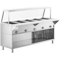 ServIt Five Pan Open Well Electric Steam Table with Partially Enclosed Base and Angled Sneeze Guard - 208/240V, 3750W