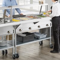 ServIt Four Pan Open Well Electric Steam Table with Angled Sneeze Guard, Tubular Tray Slide, and Casters - 208/240V, 2000W