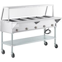 ServIt Five Pan Open Well Electric Steam Table with Angled Sneeze Guard and Casters - 208/240V, 3750W