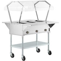 ServIt Three Pan Open Well Electric Steam Table with 2-Sided Sneeze Guard, (2) Fixed Tray Slides, and Casters - 120V, 1500W