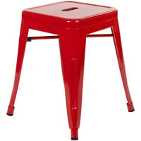 Flash Furniture ET-BT3503-18-RED-GG 18 inch Red Stackable Metal Indoor / Outdoor Backless Standard Height Stool with Square Drain Seat - 4/Pack