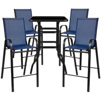 Flash Furniture TLH-073H092H4-NV-GG 27 1/2 inch x 27 1/2 inch x 39 1/2 inch Outdoor Glass Bar Table Set with 4 Navy Chairs