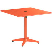 Lancaster Table & Seating 36" x 36" Orange Powder-Coated Aluminum Dining Height Outdoor Table with Umbrella Hole