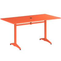 Lancaster Table & Seating 32" x 60" Orange Powder-Coated Aluminum Dining Height Outdoor Table with Umbrella Hole