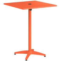 Lancaster Table & Seating 32" x 32" Orange Powder-Coated Aluminum Bar Height Outdoor Table with Umbrella Hole