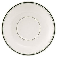 Tuxton TGB-036 Green Bay 5" Eggshell Wide Rim Rolled Edge China Demitasse Saucer with Green Bands - 36/Case