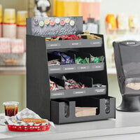 ServSense™ Black 15-Section Countertop Condiment Organizer with Drawer and Header Decals - 16 inch x 12 inch x 24 inch