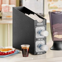 KleanTake by ServSense™ Black Countertop Slim Cup Dispenser Cabinet with Top Lid / Straw Organizer - 2 Slot
