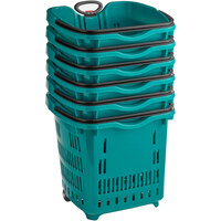 Regency Green 21 1/4 inch x 16 1/2 inch Plastic Grocery Market Shopping Basket with Wheels - 6/Pack