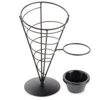 Tablecraft ACR59 Vertigo Round Black Appetizer Wire Cone Basket with 1 Ramekin - 5 inch x 9 inch