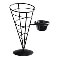 Tablecraft ACR59 Vertigo Round Black Appetizer Wire Cone Basket with 1 Ramekin - 5" x 9"