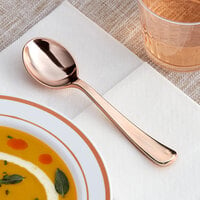 Gold Visions 5 7/8 inch Classic Heavy Weight Rose Gold Plastic Soup Spoon - 25/Pack