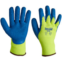 Therma-Viz Hi-Vis Yellow Terry Thermal Gloves with Blue Crinkle Latex Palm Coating - Medium - Pair