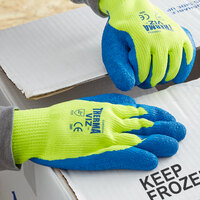 Therma-Viz Hi-Vis Yellow Terry Thermal Gloves with Blue Crinkle Latex Palm Coating - Medium - Pair