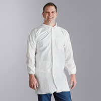 Malt Impact ProMax White Microporous Snap Front Long Sleeve 2-Pocket Lab Coat with Elastic Wrists
