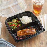 Choice 10 inch x 10 inch x 3 inch Microwaveable 3-Compartment Black / Clear Plastic Hinged Container - 25/Pack