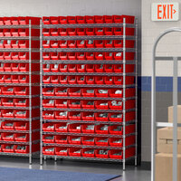 Regency 12 inch x 48 inch x 74 inch Wire Shelving Unit with 91 Red Bins