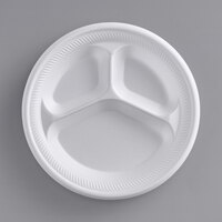 9 inch 3 Compartment White Non-Laminated Round Foam Plate - 500/Case