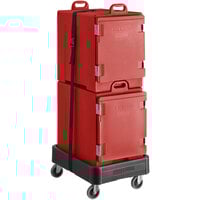 CaterGator Cherry Red Insulated Pan Carrier Kit with Two Front Loading 5-Pan Carriers, Dolly, and Strap