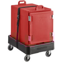CaterGator Cherry Red Insulated Front Loading 5-Pan Carrier with Black Dolly and Strap
