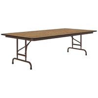 Correll 30 inch x 60 inch Oak 22 inch - 32 inch Adjustable Height Thermal-Fused Laminate Top Folding Table with Brown Frame