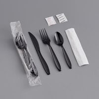 Solo Impress Heavy Weight Black Wrapped Plastic Cutlery Set with Napkin and Salt / Pepper Packets - 250/Case