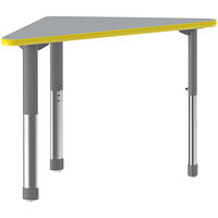 Correll 30" x 41" Triangular Gray Granite 25" - 35" Adjustable Height Thermal-Fused Laminate Top Collaborative Desk with Yellow Band and Gray Legs