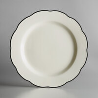 Choice 10 3/4" Ivory (American White) Scalloped Edge Stoneware Plate with Black Band - 12/Case