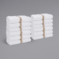 22 inch x 44 inch Beige Center Stripe 100% Cotton Bath / Gym Towel - 6 lb. - 12/Pack