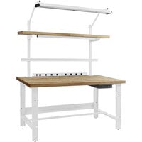 BenchPro Roosevelt Series Maple Butcher Block Top Adjustable Workbench with White Light Frame / Base Frame and Round Front Edge