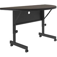 Correll 24 inch x 48 inch Half Round Walnut 23 inch - 31 inch Adjustable Height Thermal-Fused Laminate Flip Top Table
