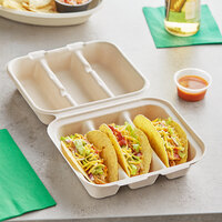 World Centric 3-Compartment Compostable Fiber Clamshell Taco Container 9 inch x 8 inch x 3 inch - 300/Case