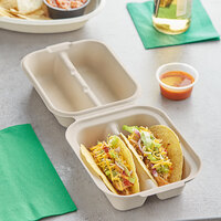 World Centric 2-Compartment Compostable Fiber Clamshell Taco Container 8 inch x 5 inch x 3 inch - 300/Case