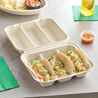 World Centric 3-Compartment Compostable Fiber Clamshell Taco Container 8 inch x 7 inch x 3 inch - 300/Case