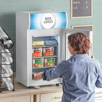 Avantco CFM2LB White Countertop Freezer with Swing Door, Top Lit Header, and Customizable Panel