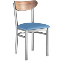 Lancaster Table & Seating Boomerang Clear Coat Chair with Blue Vinyl Seat and Vintage Wood Back