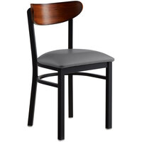 Lancaster Table & Seating Boomerang Black Finish Chair with 2 1/2 inch Dark Gray Vinyl Padded Seat and Antique Walnut Wood Back