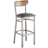 Lancaster Table & Seating Boomerang Bar Height Clear Coat Chair with Dark Gray Vinyl Seat and Driftwood Back