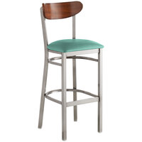 Lancaster Table & Seating Boomerang Bar Height Clear Coat Chair with Seafoam Vinyl Seat and Antique Walnut Back