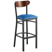 Lancaster Table & Seating Boomerang Bar Height Black Chair with Blue Vinyl Seat and Antique Walnut Back