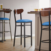 Lancaster Table & Seating Boomerang Bar Height Black Chair with Blue Vinyl Seat and Antique Walnut Back