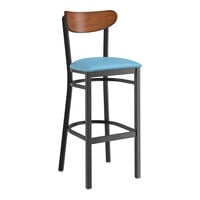 Lancaster Table & Seating Boomerang Series Black Finish Bar Stool with Blue Vinyl Seat and Antique Walnut Wood Back