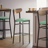 Lancaster Table & Seating Boomerang Bar Height Clear Coat Chair with Seafoam Vinyl Seat and Driftwood Back