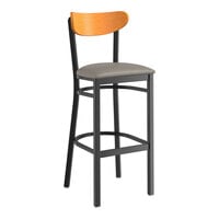 Lancaster Table & Seating Boomerang Series Black Finish Bar Stool with Dark Gray Vinyl Seat and Cherry Wood Back